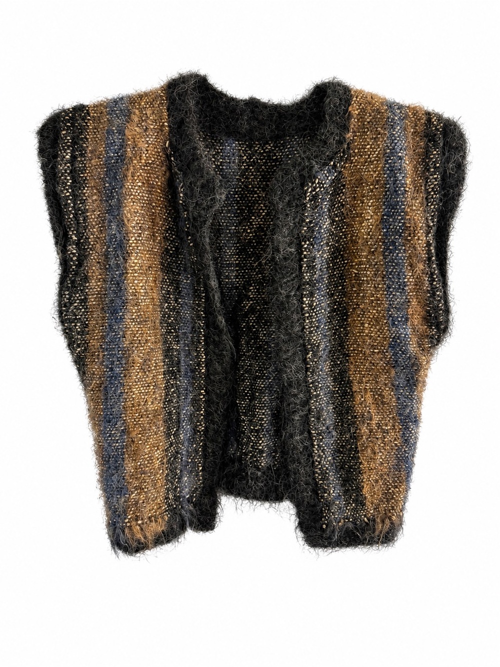 Handmade Alpaca Wool Open Front Fuzzy Trim Striped Vest - Brown Blue Black